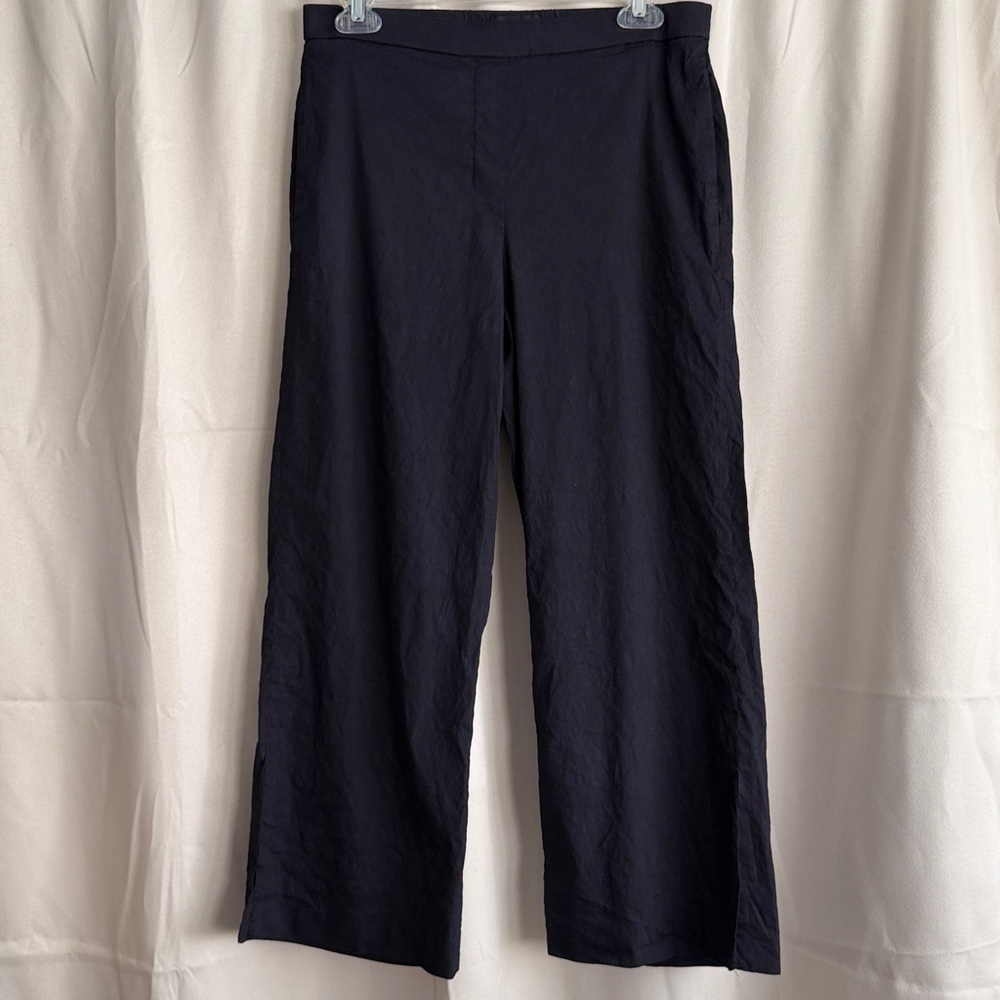 Theory Linen Blend Pull On Wide Leg‎ Elastic Waist Cropped Pants Navy 4